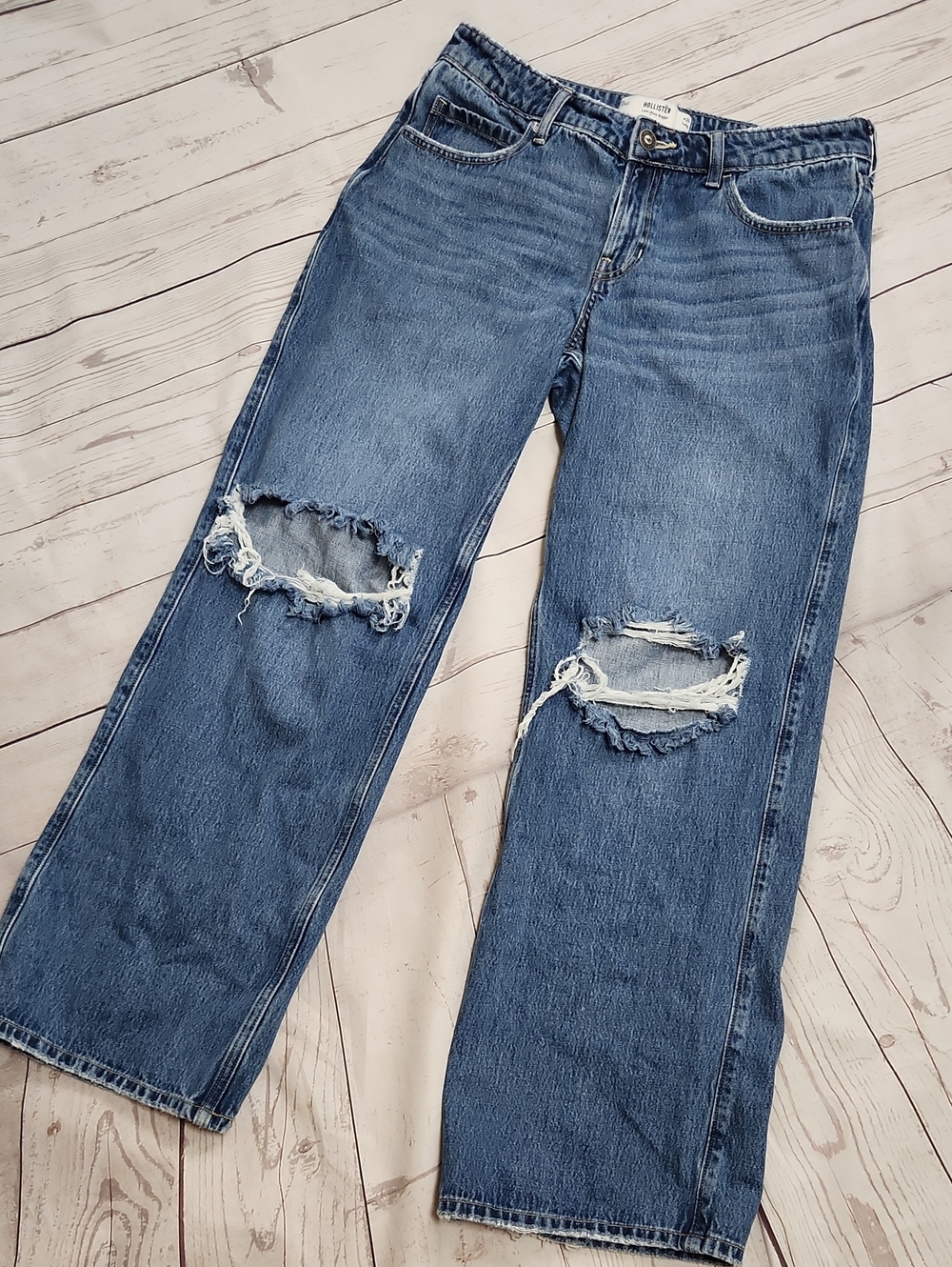 Hollister Women's High-Rise Wide Leg Distressed Jeans - Mid Blue